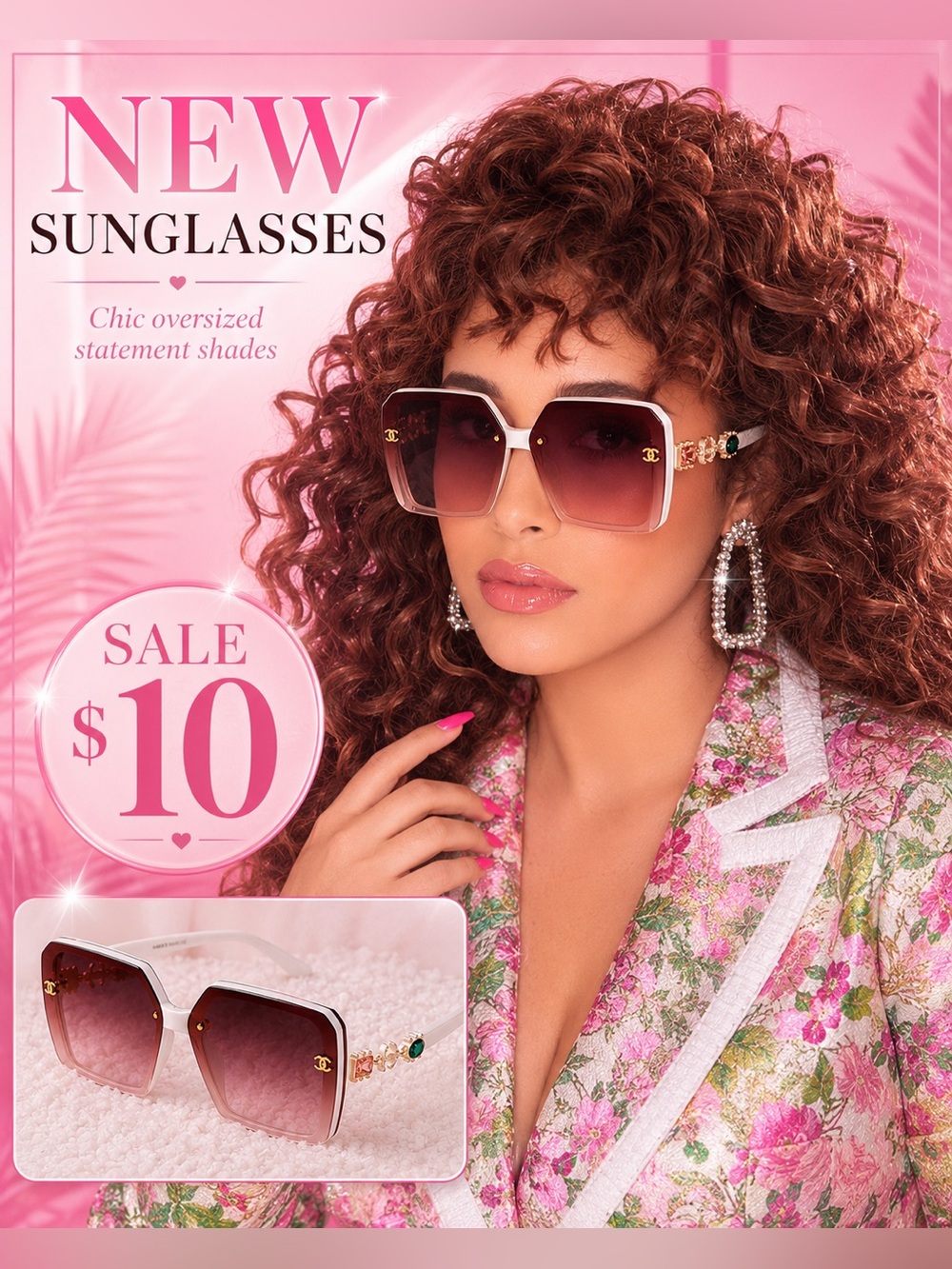 White Frame Pink Gradient Oversized Sunglasses with Gem Accents
